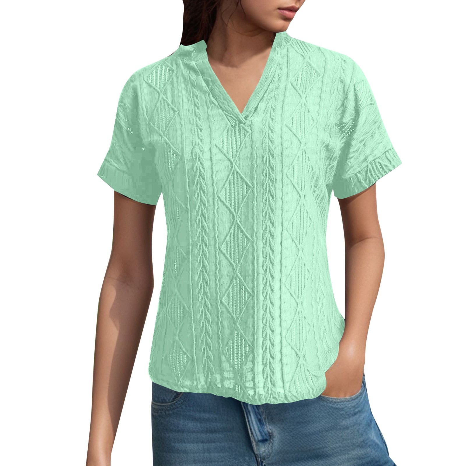 thumbnail image 1 of Camisa de punto jacquard holgada con cuello en V para mujer: manga corta, detalle de cordones, informal de verano, fácil de cuidar, 1 of 7